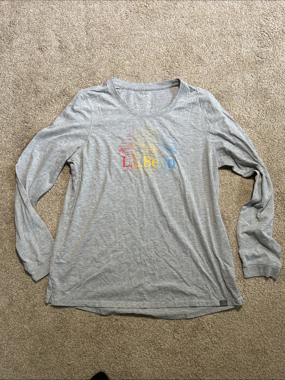 L.L. Bean Womens Heather Gray Long-Sleeve Tee with Rainbow Logo